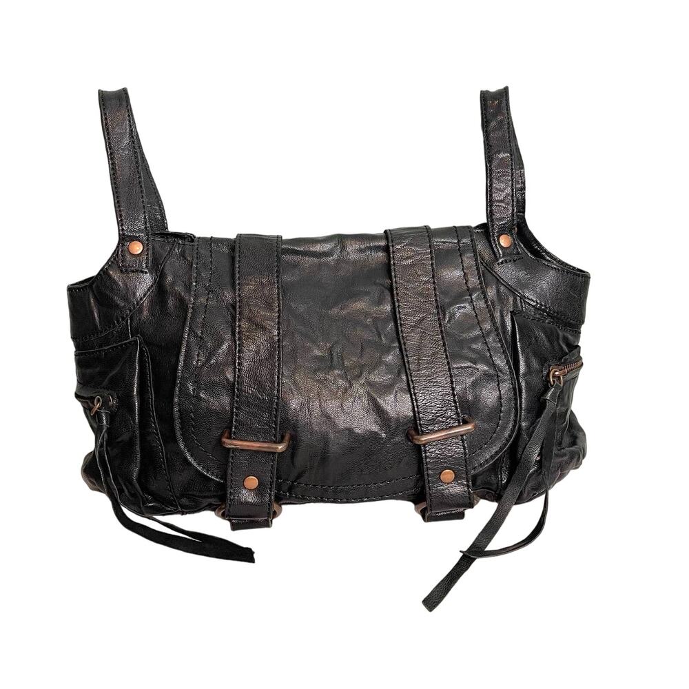 BCBG MAXAZRIA Leather Black Fringe Flap Bag Bag Purse Handbag